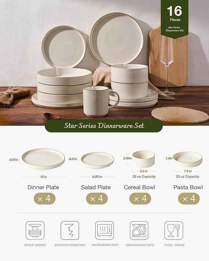 Famiware Star Dinnerware Set with Pasta Bowls, Service for 4 (16pcs), Ribbed Stoneware Plates and Bowls Dishes Sets with Trim - Chip & Scratch Resistant, Microwave & Dishwasher Safe, White