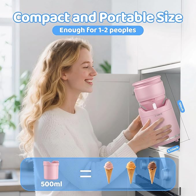 BRIOBITE Ice Cream Maker,Rechargeable Soft Ice Cream Machine with Low Noise,Compact for 1-2 Servings,Perfect for Sorbet,Gelato,Frozen Yogurt,Pink