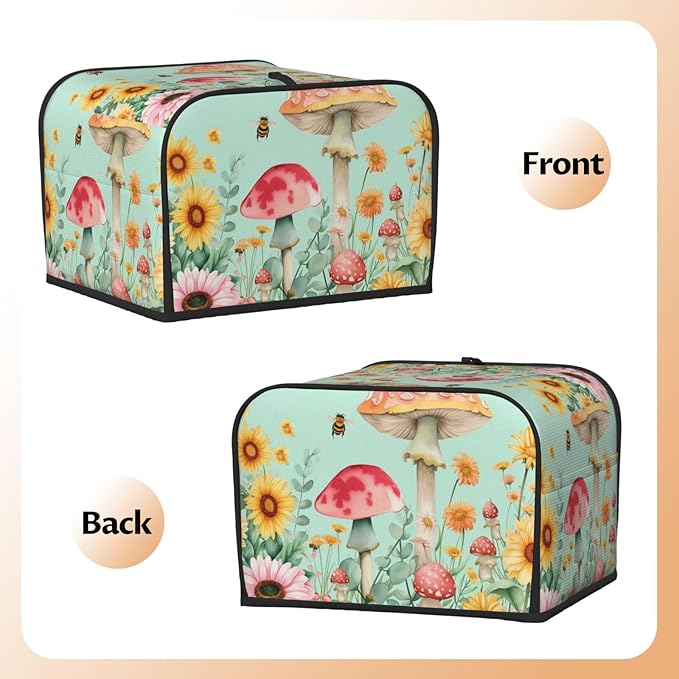 Pastel Sunflowers Mushrooms Covers for 4 Slice Toasters,Cute Country Bread Machine Cover with Handle,Washable Stain Resistant Kitchen Small Appliance Cover Dining Decor