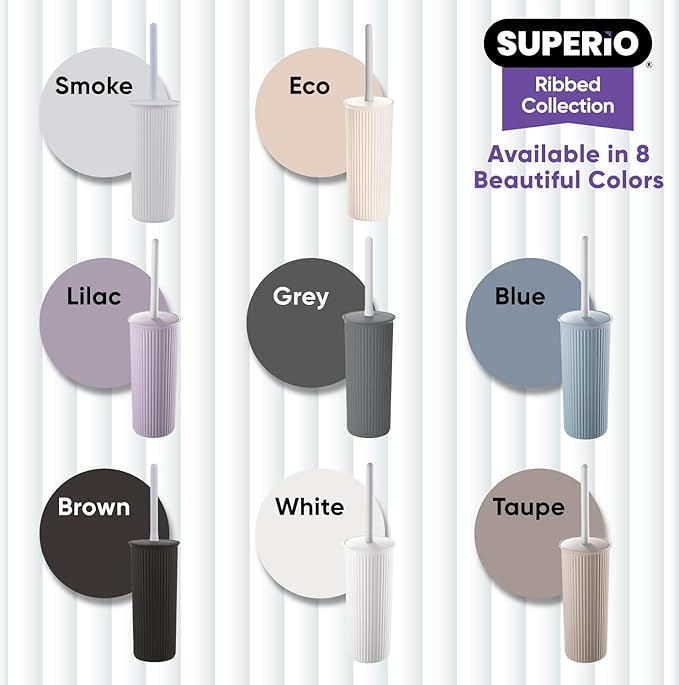 Superio Decorative Plastic Toilet Bowl Brush and Holder Set, Cleaner Scrubber for Bathroom (2, Smoke White)