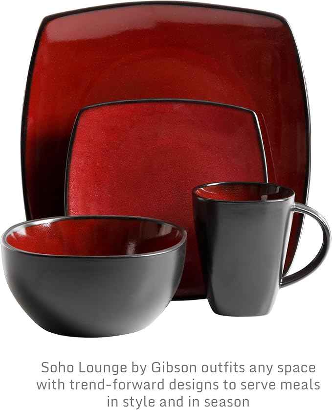 Gibson Elite Soho Lounge Square 16-Piece Dinnerware Set, Service for 4, Reactive Glaze Stoneware Plates and Bowls, Modern Dishes, Microwave & Dishwasher Safe – Red and Black