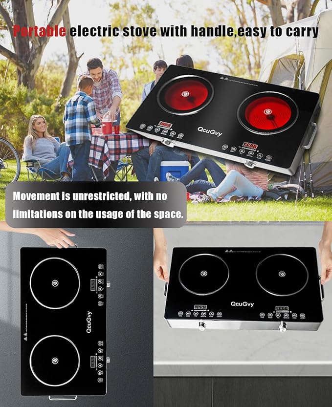 23" Portable Infrared 2 Burner 3500 Electri Burner with 2 Hours Timer-Electric Hot Plate Touch Control Panel Adjustable Heating Power Glass Plate Electric Cooktop for Cooking