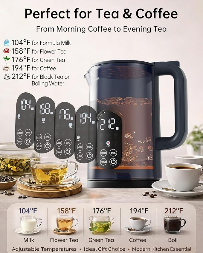 Electric Kettle with Temperature Control, 1.7L Stainless Steel Hot Water Kettle, 5 Presets for Tea & Coffee, 2H Keep Warm, Fast Boil, Auto Shut-Off & Boil-Dry Protection, Cordless Tea Kettle,Blue