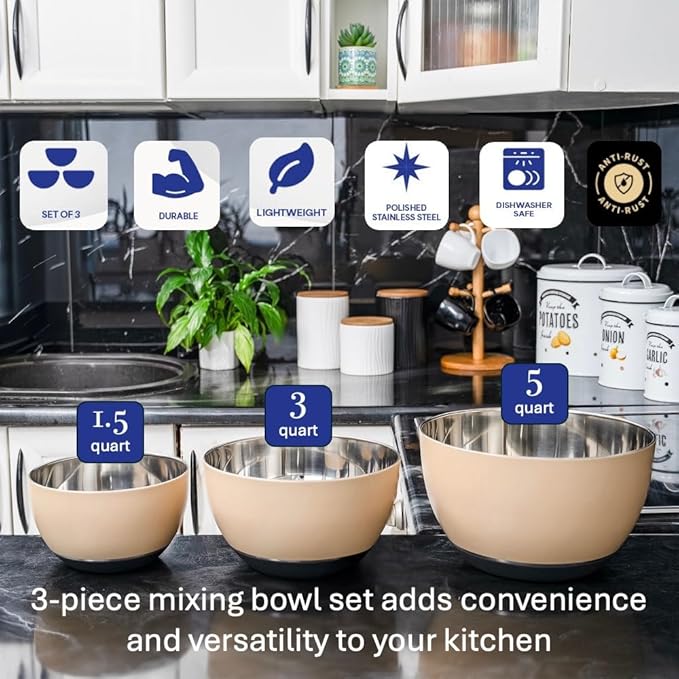 WHYSKO Stainless Steel Mixing Bowls Set of 3 with Non-Slip Silicone Base, Nesting Metal Bowls for Meal Prep, Baking, Cooking & Food Storage, Dishwasher Safe Kitchen Mixing Bowls, Tan