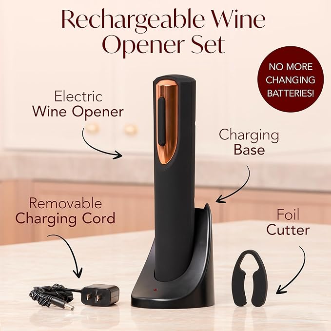 Rechargeable Electric Wine Opener and Electric Wine Preserver with Stoppers Gift Bundle Set (Black & Rose Gold)
