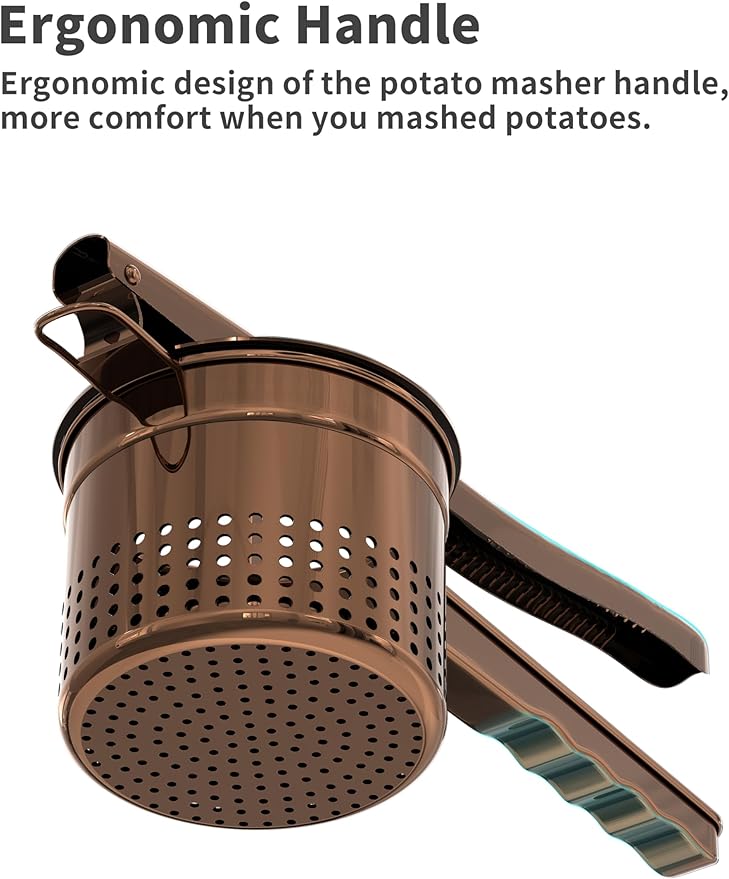 Livilord Large 15oz Potato Ricer, Heavy Duty Stainless Steel Ricer for Mashed Potatoes, Sweet Potato Masher Kitchen Tool with Ergonomic Handle, Press and Mash Kitchen Gadget, Bronze Color