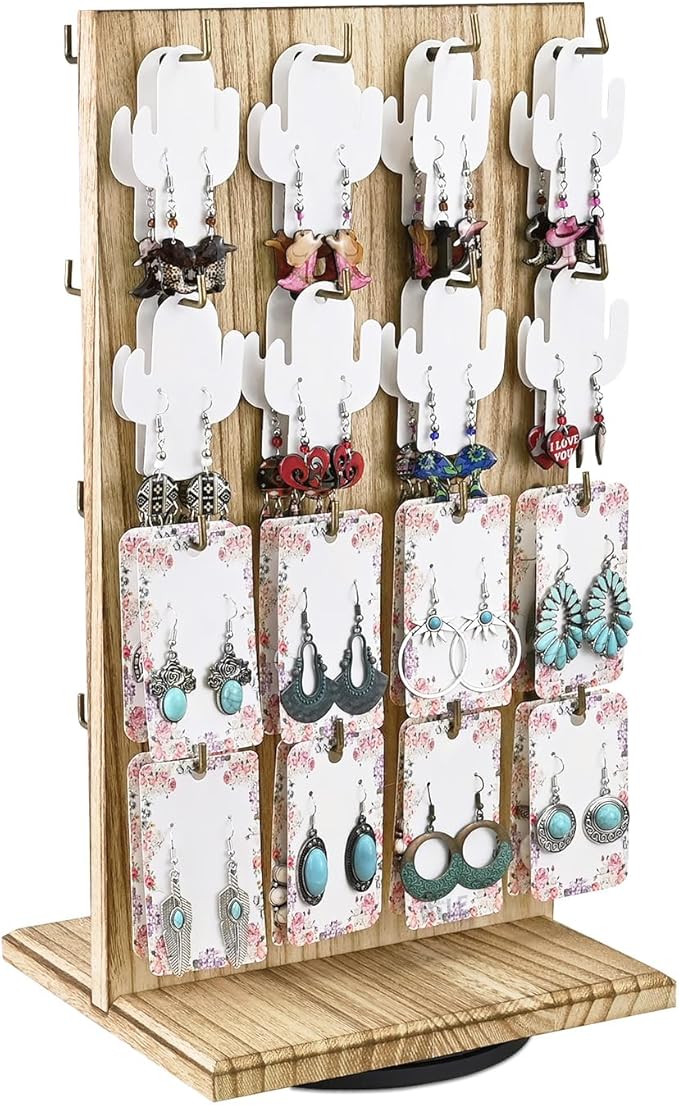 Ikee Design Wooden Rotating Two-Sided Jewelry Display Stand, Rotating Organizer with 32 Long Hooks for Store, Keychain Earring Display, Oak Color, 9.1W x 7.5 D x 17.1 H in