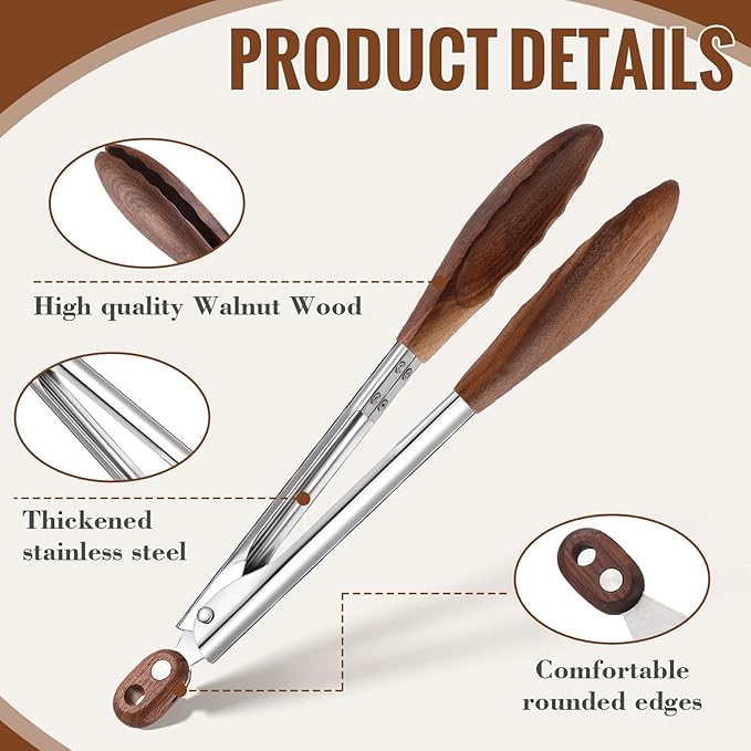 Baderke 2 Pcs Walnut Wooden Kitchen Tongs for Cooking Wooden Utensil Set Salad Tongs with Wood Tips for Serving Salad Flipping Burgers Grilling and Much More, Set of 2, 11.4 inch and 14.6 inch