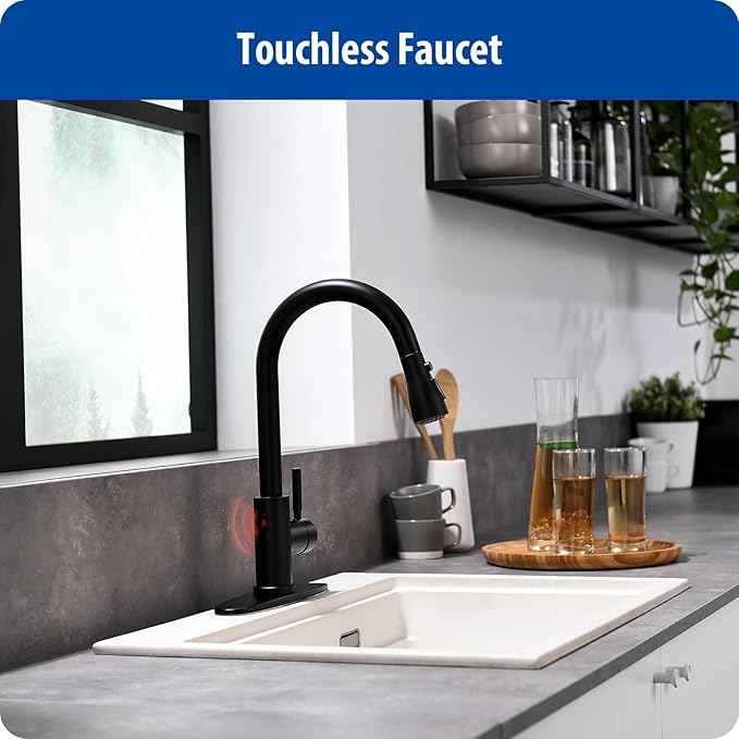 WEWE Black Kitchen Faucet, Touchless Kitchen Faucet with Pull Down Sprayer - Matte Black Single Handle Kitchen Faucets Hands-Free Activated Stainless Steel Kitchen Sink Faucet