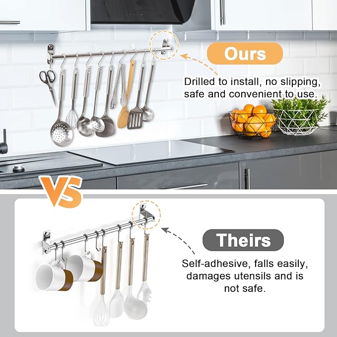 Kitchen Utensils Holder Hanging Racks 304 Stainless Steel Rail Utensil Storage Hanger Wall Mounted Rack for Tools and Pots(80cm)