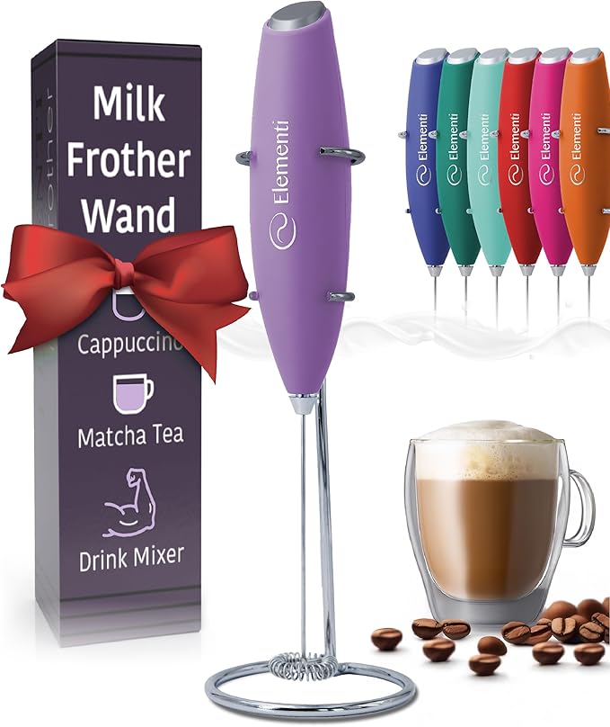 Elementi Milk Frother Wand & Drink Mixer with Stand - Turbo Milk & Coffee Frother Handheld - Hand Held Coffee Mixer Wand & Cold Foam Maker for Frothy Cappuccinos, Lattes & Drink Mixes (Lavender)