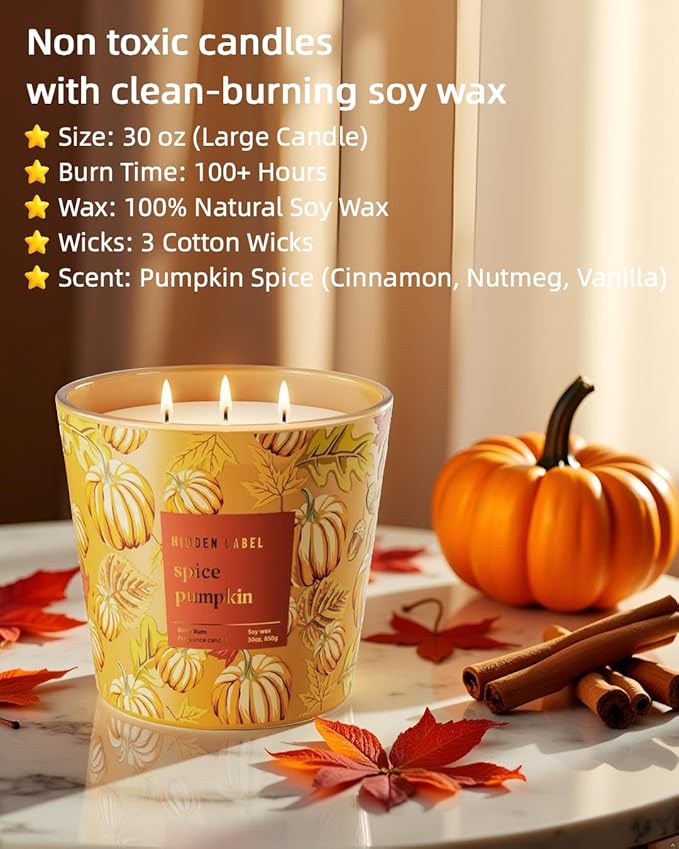 Hidden Label Pumpkin Spice Fall Candles, 3 Wick Large Scented Candle for Home, 30oz Natural Soy Candles for Home Scented,100 Hour Burn Time, Long Lasting Highly Scented Luxury Candle Gift