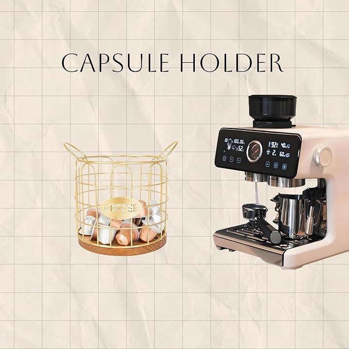 Coffee Pod Holder, Large Capacity K Cup Holder Organizer,Big Metal Kcup Capsule Storage Basket with Wooden Base, Coffee Bar Decor Station Accessories for Kitchen Counter Office Desktop (Gold)