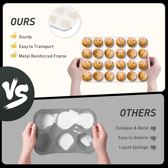 Socisen 2 Pack 24 Cups Silicone Mini Muffin Pan with Metal Reinforced Frame Silicone Molds Cupcake Cake Baking Cheesecake Pans Cookie Baking Chocoflan Cupcake Mold Mini Bundt Cake Pan Women Gift