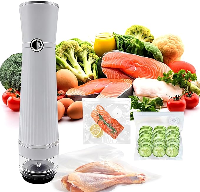 RAIN SPIRIT Handheld Vacuum Sealer for Food, Compact Vacuum Sealer Machine,Cordless Portable Food Saver Machine & Reusable Bags Compact for Travel, rechargeable vacuum sealer (White with 20 bags)
