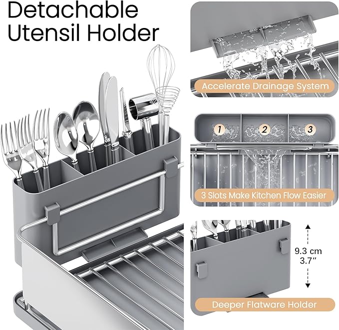 Dish Drying Rack Large Capacity - Stainless Steel Dish Rack for Kitchen Counter with Drain Board, Rustproof Dish Drainer with Auto Drain Spout Utensil Holder Glass Holder, Dinnerware Organizer, Gray