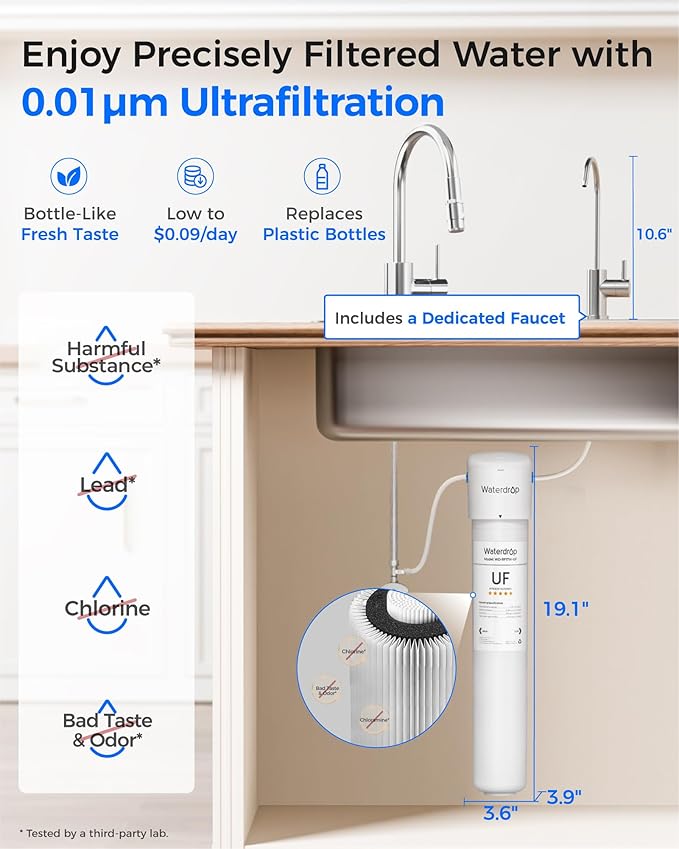 Waterdrop 17UBW-UF 0.01 μm Ultra Filtration Under Sink Water Filter System, 3 Years, Reduces Lead, Chlorine, Bad Taste & Odor, with Dedicated Brushed Nickel Faucet