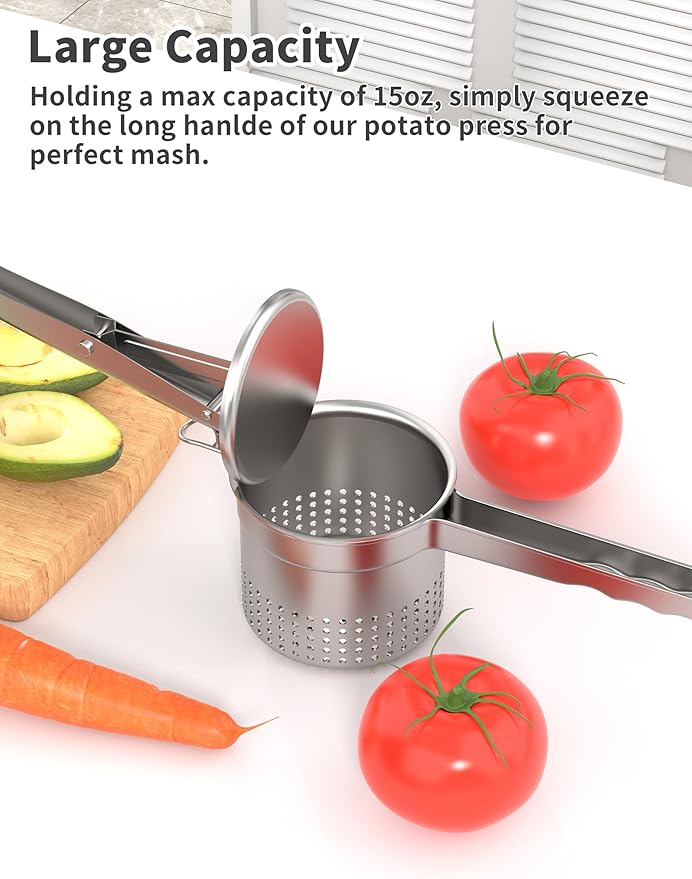 Livilord Large 15oz Potato Ricer, Heavy Duty Stainless Steel Ricer for Mashed Potatoes, Sweet Potato Masher Kitchen Tool with Ergonomic Handle, Press and Mash Kitchen Gadget, Silver