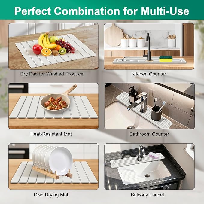 Stone Drying Mat for Kitchen Counter, 24"x16" Water Absorbing Dish Drying Mat with 24"x4" Faucet Mat for Kitchen Sink, Diatomaceous Earth Quick Dry Stone Mats for Dishes Bottles Cups (Off White)