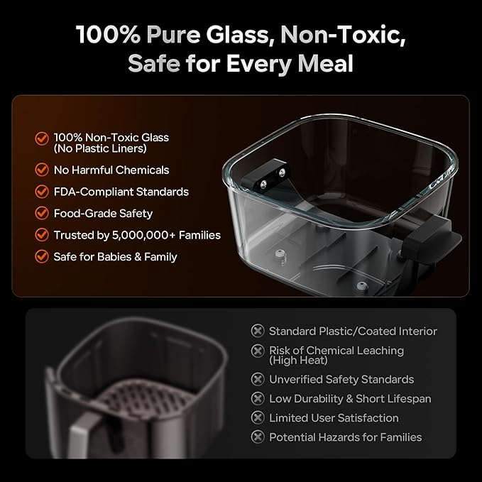 Glass Air Fryer Non Toxic, 6.3QT & 4.4QT Air Fryer with Dual Glass Baskets with Lids, 8-in-1 Portable Air Fryers Cristal, PFOA & PFAS-Free, Dishwasher Safe, Ideal Kitchen Gift