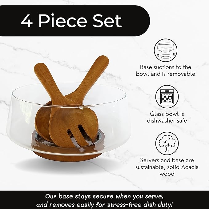 Large Glass Salad Bowl Set with Acacia Wood Base & Salad Servers – Elegant Serving Bowl for Salads, Pasta, Fruit & Snacks – Easy-Clean Modern Serveware, Perfect for Hosting & Housewarming Gifts