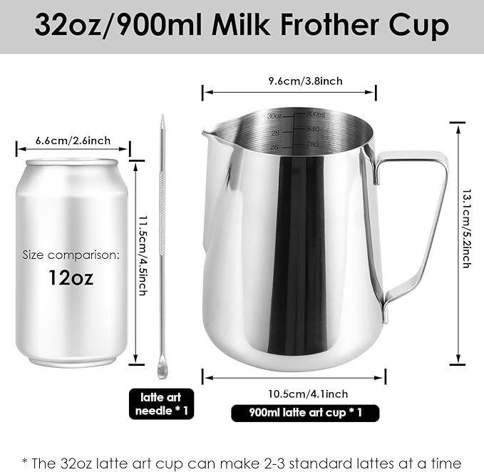 4 Pack Milk Frothing Pitcher 900ml Stainless Steel Milk Jug with Measurement Marks, 32oz Steaming Pitcher for Coffee, Cappuccino, Latte Art, Includes Art Pen, (4)