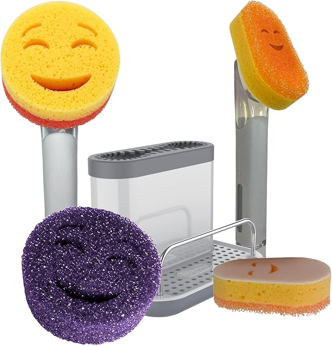 Smilyeez Caddy Combo, Sink Caddy, Smiling Handle, 2 Scrub Moji Sponges, Dishwand with 2 Mini Moji Sponges (White/Grey Wands)