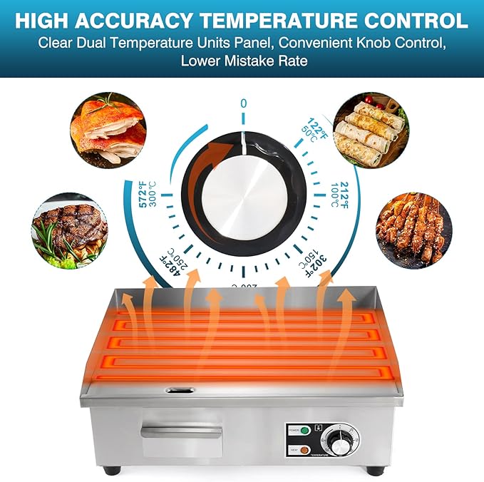 IRONWALLS Commercial Electric Griddle 22”, 3000W Electric Flat Top Griddle Grill Indoor with 122~572℉ Adjustable Temperature Control, Non-stick Stainless Steel Teppanyaki Grill for Restaurant, Hotel