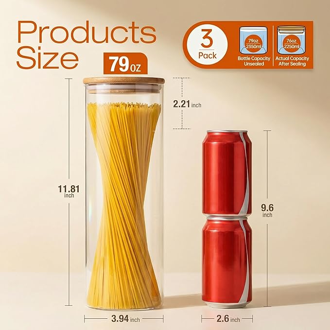 HomArtist Glass Jars with Bamboo Lids 79 FL OZ [Set of 3], Glass Canisters with Airtight Lids, Glass Food Storage Containers for Spaghetti, Fettuccine, Linguine,Pasta, Best for Kitchen & Pantry