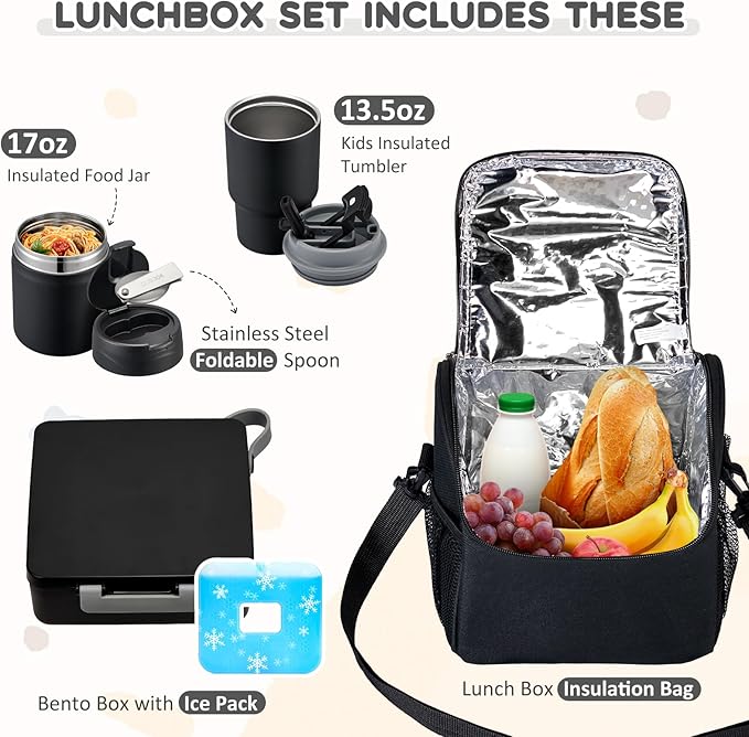 Pawtong Lunch Box Set with Bento Box Container, 17OZ Stainless Steel Food Soup Thermo, Kids Water Bottle & Portable Insulated Lunch Bag – Leakproof, Hot/Cold Retention for School, Travel (Black)