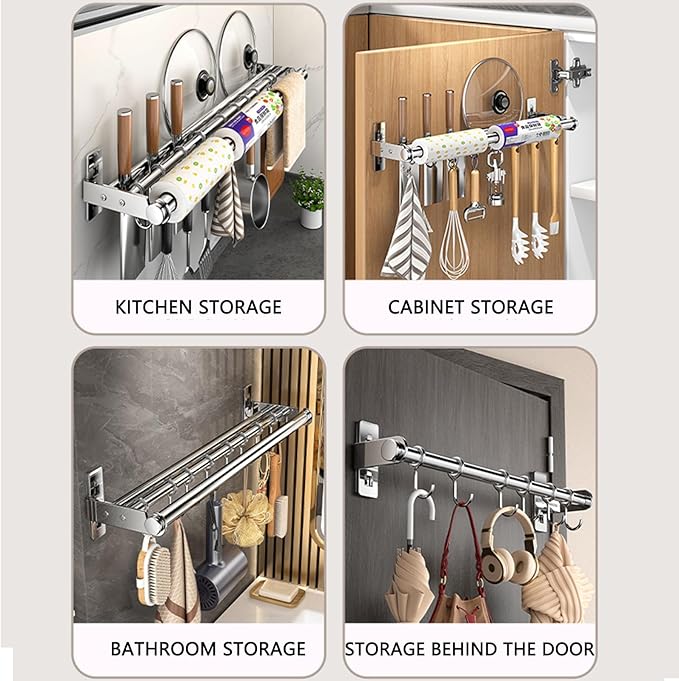Hanging Wall Mount knife Wall Mount, Kitchen Organizer Storage Shelf for Utensils Spatula Spoon, Space-Saving Knife Rack with Hooks,Wall-Mounted Utensil Holder (Grey, 40CM+Three Poles+6Hooks)