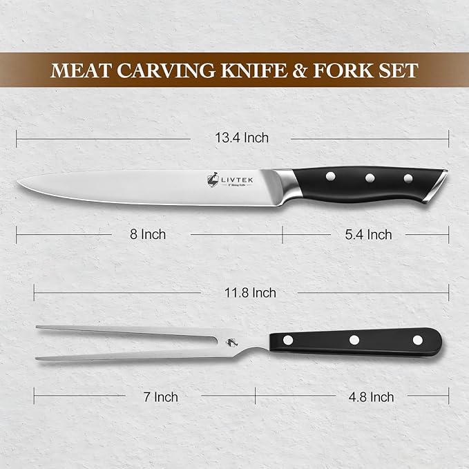 Livtek Carving Knife Set - Razor-Sharp German Stainless Steel - Ergonomic Handle & Full Tang Design - for Slicing Roast, Turkey, Ham, BBQ - 8 Inch Knife & 7 Inch Fork - Thanksgiving Gift