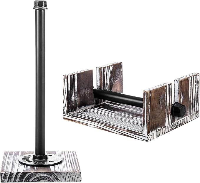 MyGift Paper Towel and Napkin Holder Set, Countertop Torched Wood and Industrial Metal Paper Towel Holder and Flat Napkin Holder with Weighted Arm