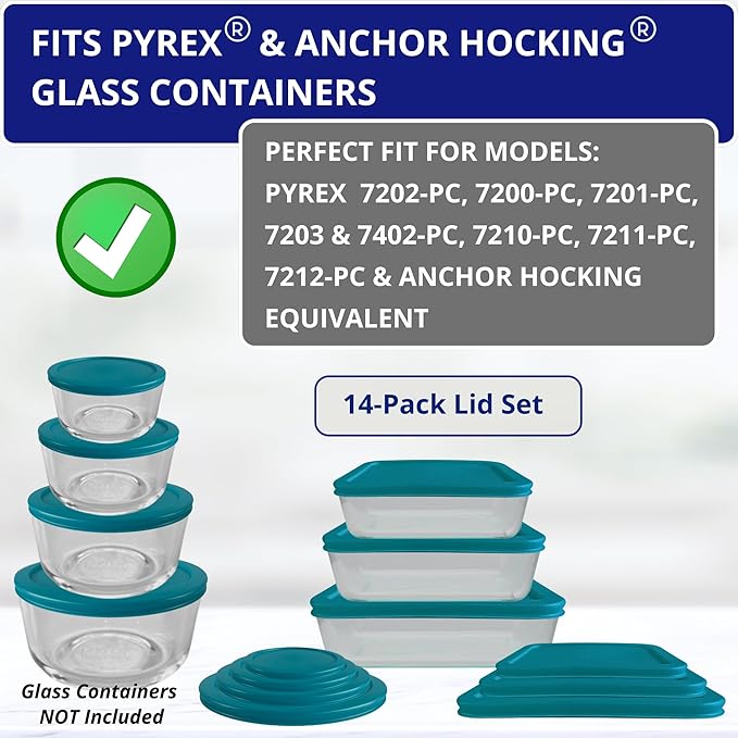 Klareware 1 Cup 2 Cup 3 cup 4 cup 6 cup 7 Cup 11 cup Round Plastic Food Storage Replacement Lids Covers for Klareware Anchor Hocking and Pyrex Glass Bowls (Container not Included) (14 Pack)