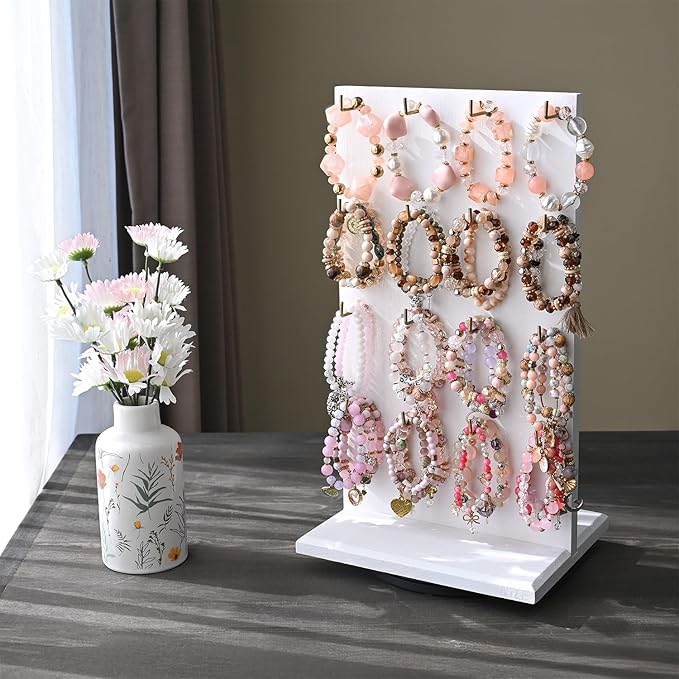 Ikee Design Wooden Rotating Two-Sided Jewelry Display Stand, Rotating Organizer with 32 Long Hooks for Store, Bracelet Keychain Earring Display, White Color, 9.1W x 7.5 D x 17.1 H in