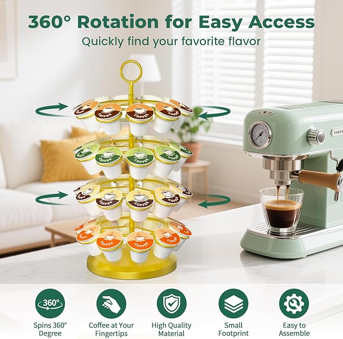 EsLuker.ly K Cup Holder Coffee Pod Organizer Carousel for Counter, Metal Storage Rack Stand for Kitchen, Rotatable 4 Tier Pod Tower Tree for 40 K Cups, Space Saving Meets Elegance, Gold