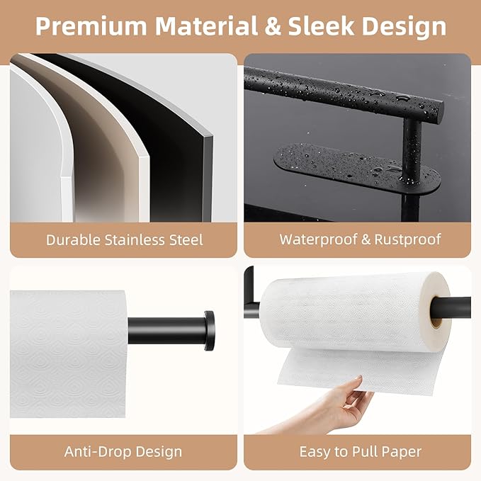 Paper Towel Holder, Improved Premium Paper Towel Holder Under Cabinet, Stainless Steel Paper Towel Holders Rack for Kitchen, Bathroom, Pantry, Fridge, Adhesive or Drilling, Black