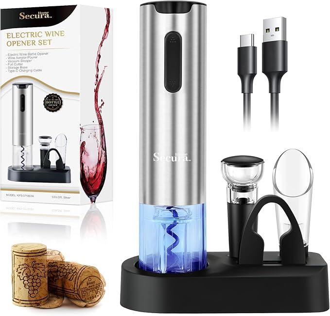 Secura Electric Wine Opener Set, Rechargeable Automatic Home Wine Bottle Opener Reusable Corkscrew with Foil Cutter, Vacuum Stoppers, Aerator Pourer Wine Set for Wine Lovers, Silver