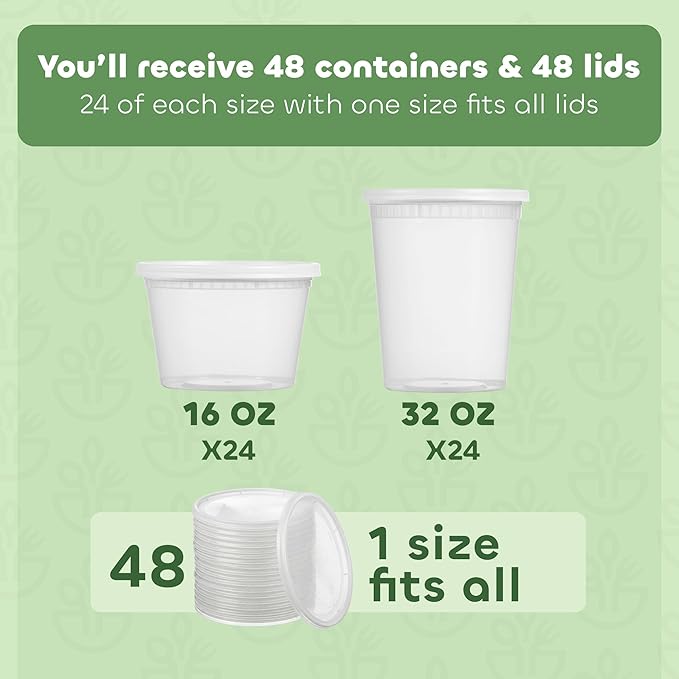JoyServe Deli Food Storage Containers with Lids - (48 Sets) 24-32 Oz Quart Size & 24-16 Oz Pint Size Plastic Airtight Takeout Meal Prep Storage, BPA-Free, Dishwasher, Microwave Safe