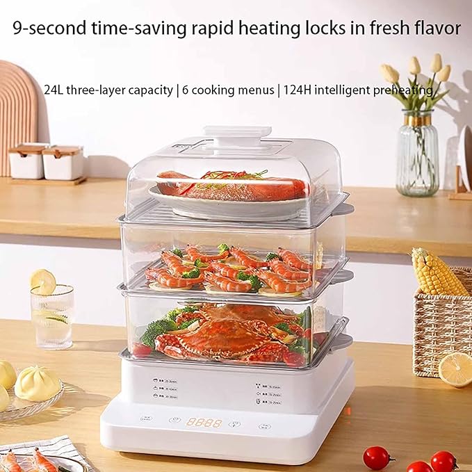 Electric Food Steamer - 3-Tier Design with 90-Minute Timer for Healthy Cooking of Vegetables, Meat, and Fish - Includes 15-Second Steam Burst and Smart Preset Function