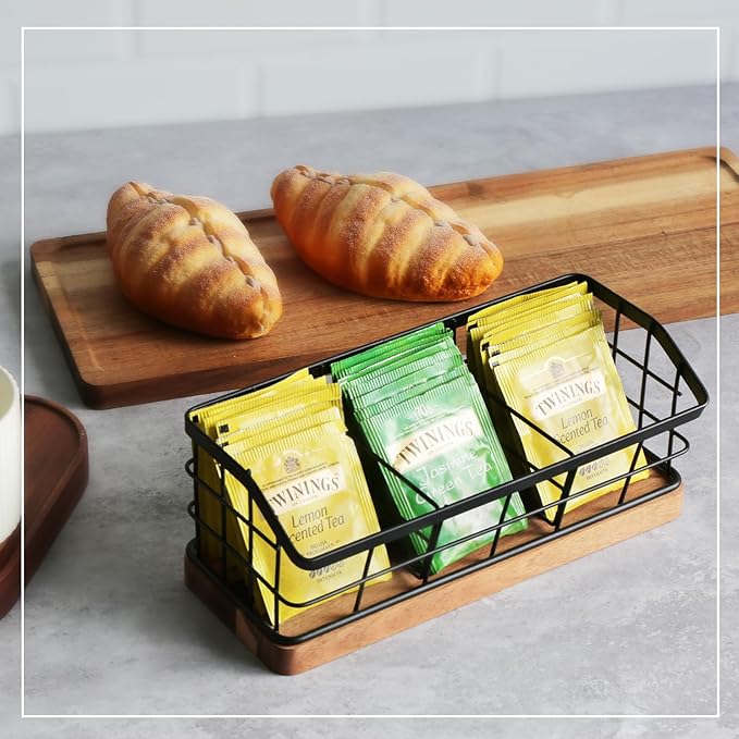 WILDMOS Tea Bag Organizer,Iron Wire Basket with Wooden Base.Tea Storage Containers with 3 Slots,Sugar Packet,Tea Bar Accessories for Countertop Cabinet Drawer.
