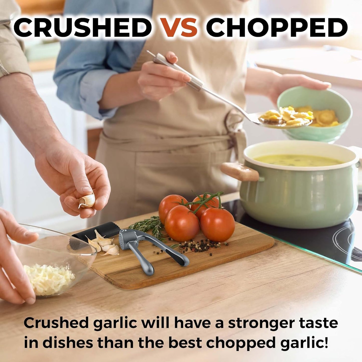 Zulay Kitchen Large Premium Garlic Press Set - Bigger Bowl for Bigger Garlic - Rust Proof & Dishwasher Safe Garlic Mincer Tool - Easy-Squeeze, Easy-Clean Silicone Garlic Peeler & Brush (Slate)