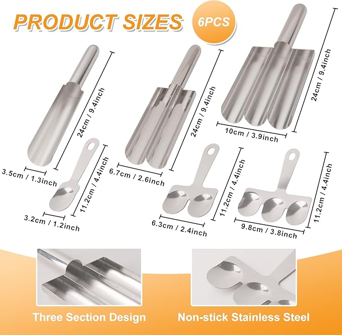 Stainless Steel Meatball Maker Set, 6PCS Meatball Scoop Mold with Scrapers, Single Double Triple Portion Meatball Shaper Tool for Meatballs Rice Balls Cookie Dough Kitchen Cooking Tool