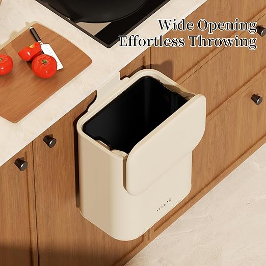 Space Saving Hanging Small Trash Can for Kitchen Cabinet, Bathroom or Office (White，2.1 Gallon (8L))