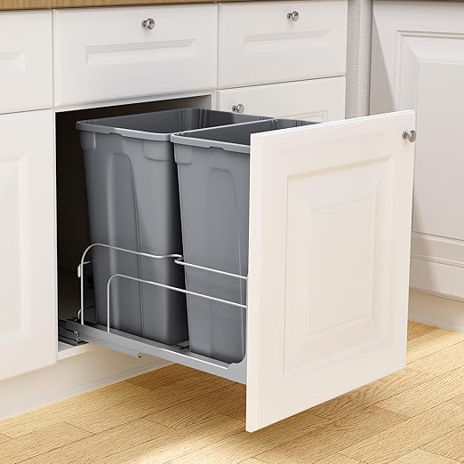 VEVOR Pull-Out Trash Can, 35 QT x2 Double Under Mount Kitchen Waste Container, Heavy Duty Garbage Recycling Bin with Door Kit and Soft Close Slide, for Kitchen Cabinet, Sink, Under Counter (Grey)