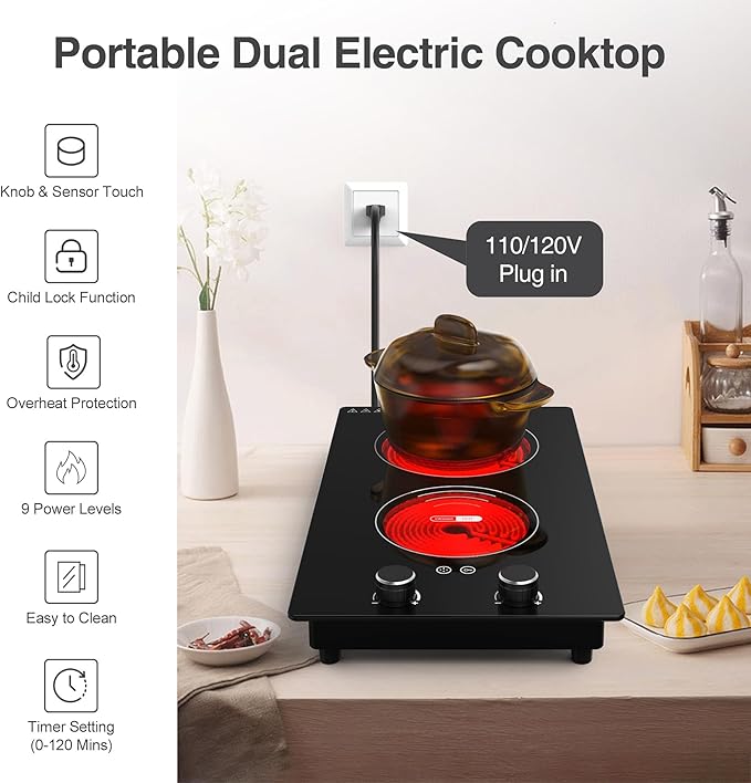 VBGK Electric Cooktop,110V 2400W Electric Stove Top with Knob Control,9 Power Levels, Kids Lock & Timer,LED touch control,Overheat Protection Electric stove,24 Inch desktop 2 burner