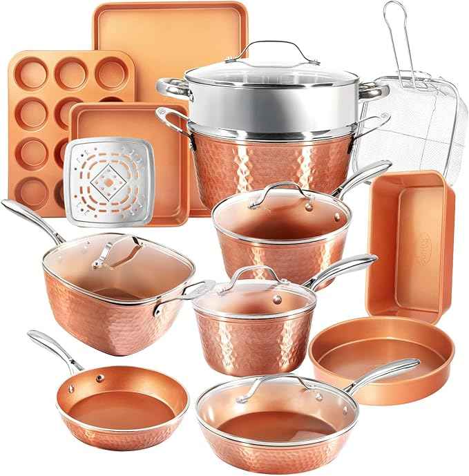 Gotham Steel Hammered 24 Pc Ceramic Cookware Set Nonstick, Induction Ceramic Pots and Pans Set Non Stick with Deep Square Pan Set & Bakeware Set, Non Toxic PFOA PFOS Free, Oven & Dishwasher Safe