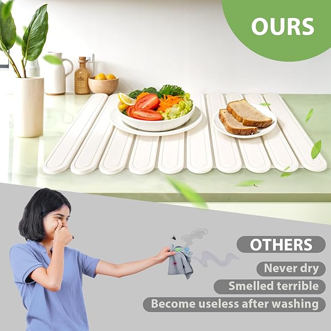 Collapsible Stone Dish Drying Mat for Kitchen Counter, 24"×16" Large White Dish Drying Pad, Eco-Friendly Diatomaceous Earth Mat, Quick Dry, No Odor