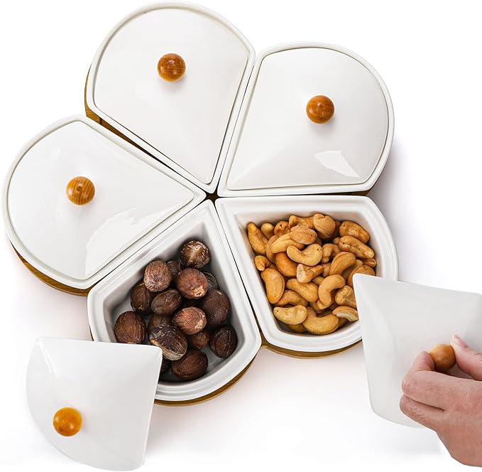 yarlung Lazy Susan Divided Serving Dishes Appetizer Tray, 5 Removable Ceramic Snack Bowls with Lids and Bamboo Platter, Relish Tray Nuts Dishes for Chips, Fruits, Candy