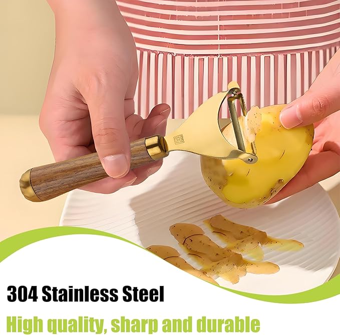 Potato Peelers,Premium 304 Stainless Steel Vegetable Peeler Set, Rosewood Handle For Kitchen, Veggie Fruit Peeler, Apple Carrot Cucumber Peeler，Ultra Sharp Rotary Blade, 2-Piece(Gold)